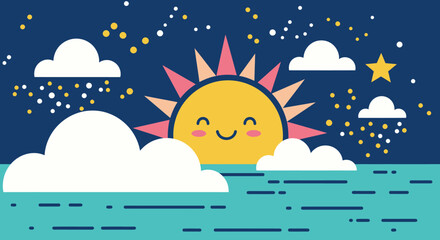 Smiling Sun and Clouds Over Calm Sea Under a Starry Night Sky.