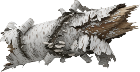 Decaying birch log with peeling bark and small white fungi isolate tree