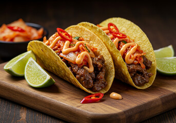 Three crispy tacos stuffed with meat, kimchi, hot sauce, and lime wedges on a wooden cutting board.