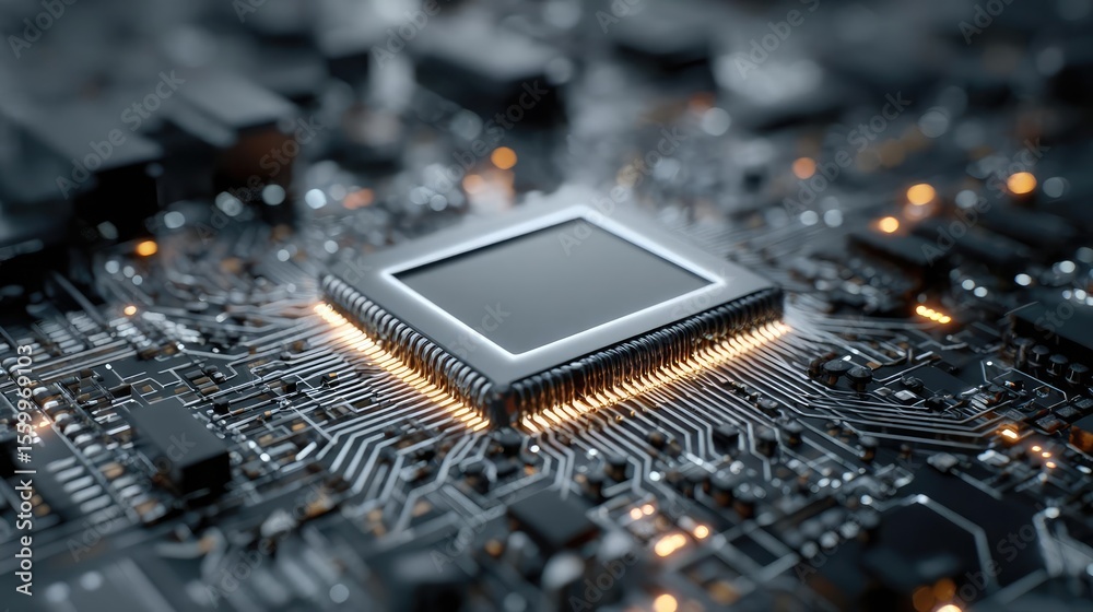 Aufkleber Hybrid processor in plasma development concept. Close-up of a microchip on a detailed circuit board.