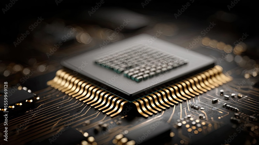 Poster Adaptive chip and programmable integration concept. Close-up view of a computer processor on a circuit board.