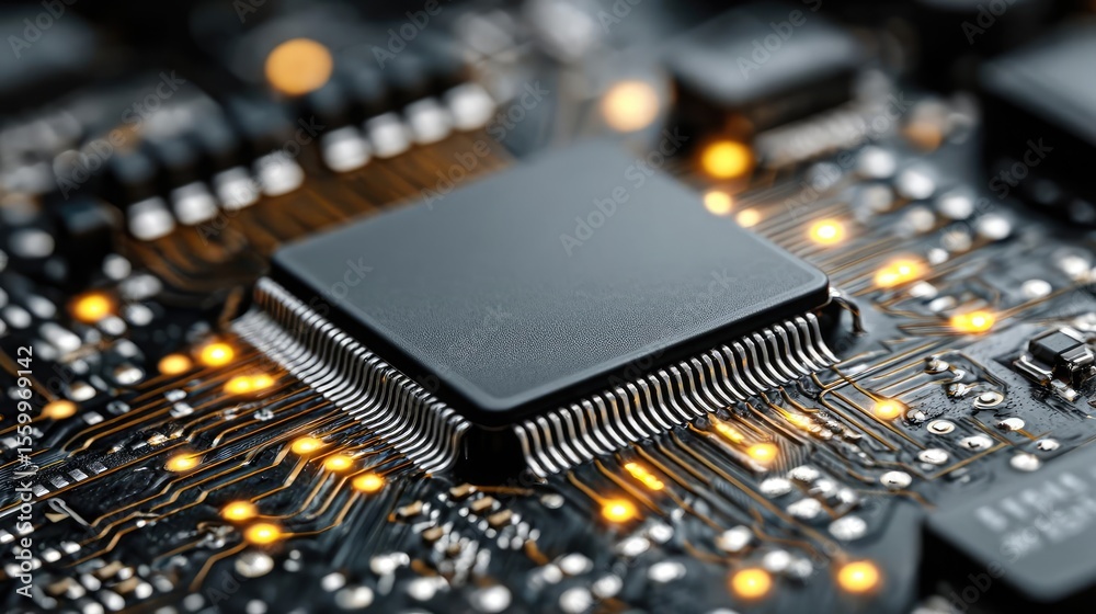 Aufkleber Adaptive chip and programmable integration concept. Close-up of a microchip on a circuit board with glowing lights.