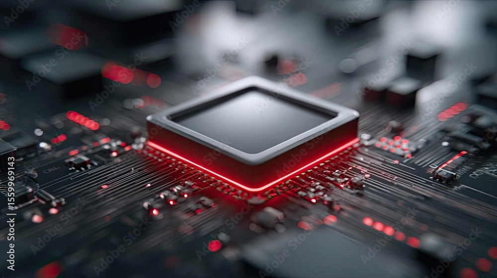 Aufkleber Adaptive chip and programmable integration concept. Close-up of a circuit board with a glowing microprocessor chip.