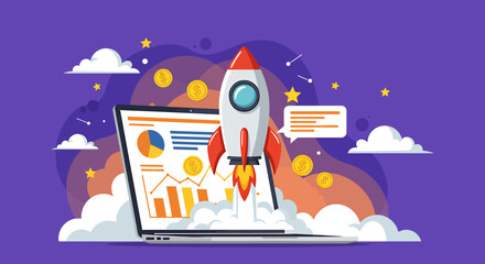 Startup Rocket Launching from Laptop Screen with Financial Charts and Clouds