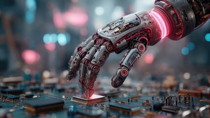 Adaptive chip and programmable integration concept. A robotic hand interacts with advanced circuit technology.