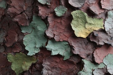 Obraz premium Rugged tree bark tapestry, nature's patchwork quilt, evokes Earth Day reflections, celebrating Deciduous Dreams Festival's unique arboreal allure