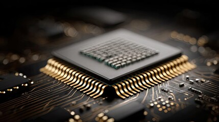 Adaptive chip and programmable integration concept. Close-up view of a computer processor on a circuit board.