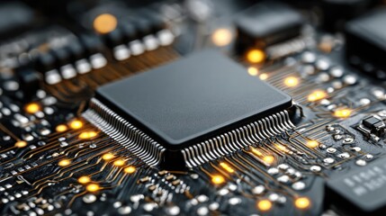 Adaptive chip and programmable integration concept. Close-up of a microchip on a circuit board with glowing lights.