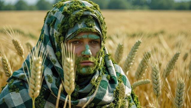 A soldier camouflaged with foliage and painted face sitting in a wheat field reflecting concentration - Powered by Adobe