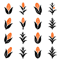 Stylized Corn and Plant Icons in Orange and Black, Agriculture Concept.