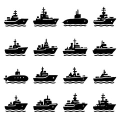 Stylized Black and White Naval Vessel Silhouettes: Warships and Submarines