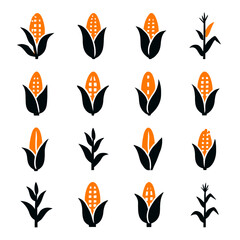Stylized Corncob and Plant Icons in Black and Orange, Agricultural Symbols