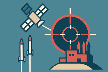 Stylized Satellite, Missiles, and Target Illustration with Factory Silhouette