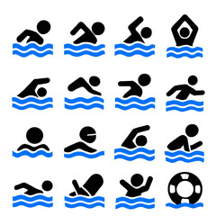 Stylized Swimming Icons Depicting Various Strokes and Water Activities