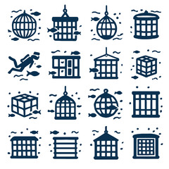 Stylized Underwater Scene with Cages, Fish, Diver, and Geometric Shapes