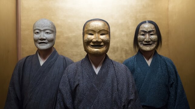 Three enigmatic figures in Noh masks evoke spectral laughter, resonating with Japan's Setsubun rituals and cryptic theatrical traditions