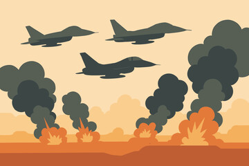 Three fighter jets fly over explosions and smoke in a war zone