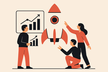 Team Launching Rocket with Business Charts, Achieving Growth and Success