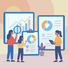 Three women analyzing charts and graphs on clipboards and screens