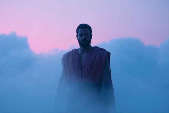 Ethereal silhouette of a bearded Western man in misty twilight, evoking myths and Samhain's whispering spirits