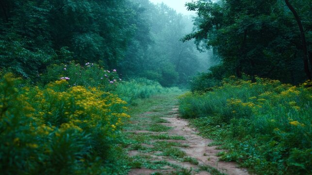 Misty forest path adorned with wildflowers gleams under twilight whispers, invoking Earth Day meditations and tranquil wilderness tales
