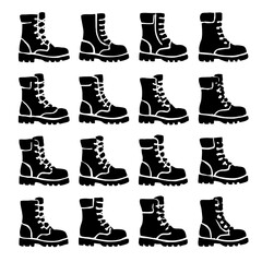 Varied silhouettes of black combat boots arranged in a grid pattern