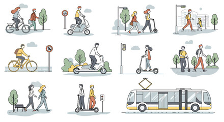 Urban Commuting Scenes: People on Bikes, Scooters, and Public Transport