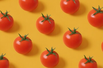 Juicy tomatoes frolic on a golden canvas, evoking summer gardens and the playful abundance of La Tomatina revelry