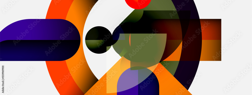 Poster Abstract geometric composition. Overlapping shapes create dynamic visual interest. Colors include orange, purple, white, green, red. Modern design.