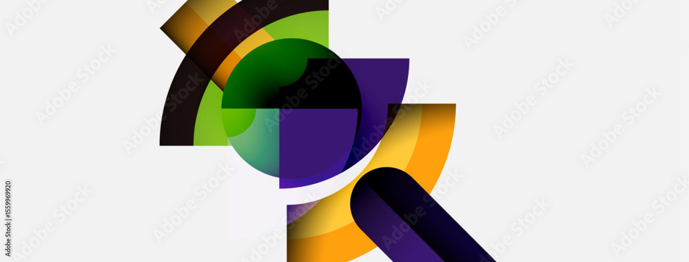 Poster Abstract composition features colorful overlapping arcs, curves, shapes. Modern design, vibrant hues create dynamic visual impact.