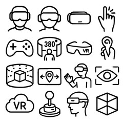 Virtual Reality Icon Set: Headset, Controller, 360 Degree View, and Gestures
