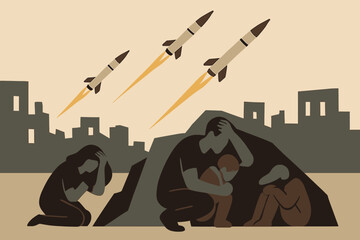 War-Torn Cityscape: People Seeking Shelter Amidst Missile Attacks