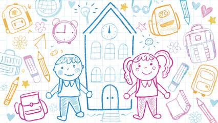 Hand drawn school scene with children school building and supplies in doodle style on grid background