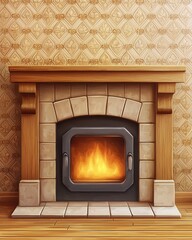 Vintage fireplace with burning fire