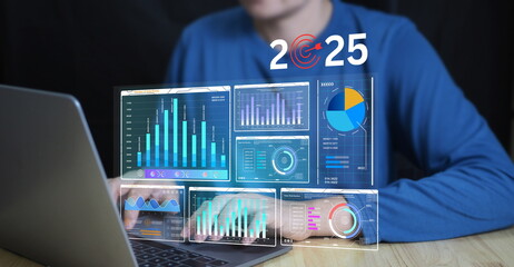 A businessman analyzes 2025 market growth trends using KPI dashboards, charts, and AI tools to plan business strategy, e-commerce growth, and financial performance.