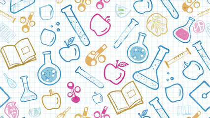 Illustration of science themed doodles with beakers, test tubes and apples on a grid background