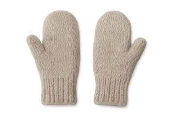 Pair of beige knitted mittens isolated on transparent background