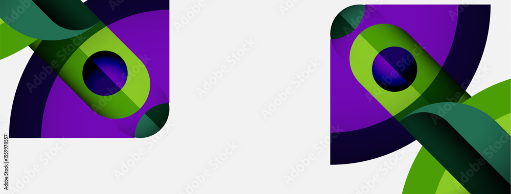 Poster abstract graphic design featuring vibrant purple, green hues. overlapping shapes create dynamic visu