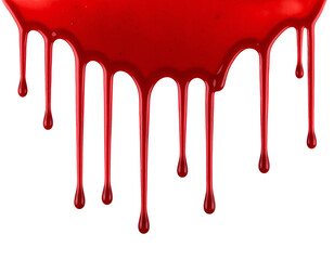 Glossy crimson substance descends in captivating streams, forming elegant droplets with a rich texture.