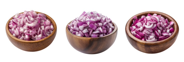 Wooden bowls filled with chopped red onions isolated on white background. Raw Red Onion Cubes in Wooden Dish Kitchen Preparation Isolated Image