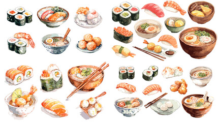 Assorted Japanese food illustration featuring sushi, ramen, and appetizers in hand-drawn watercolor style with chopsticks and bowls for authentic cuisine themes.


