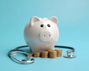 White piggy bank next to stacked coins and a stethoscope on a blue background symbolizing healthcare costs and financial health.