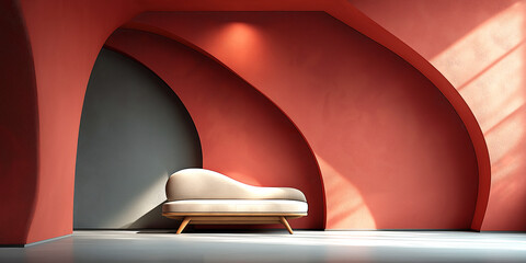 Curved red architecture with minimal beige sofa
