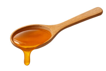 Wooden spoon dripping with golden honey on transparent background
