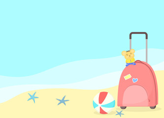 summer happy holiday time, luggage, ball, and sandals background vector design.