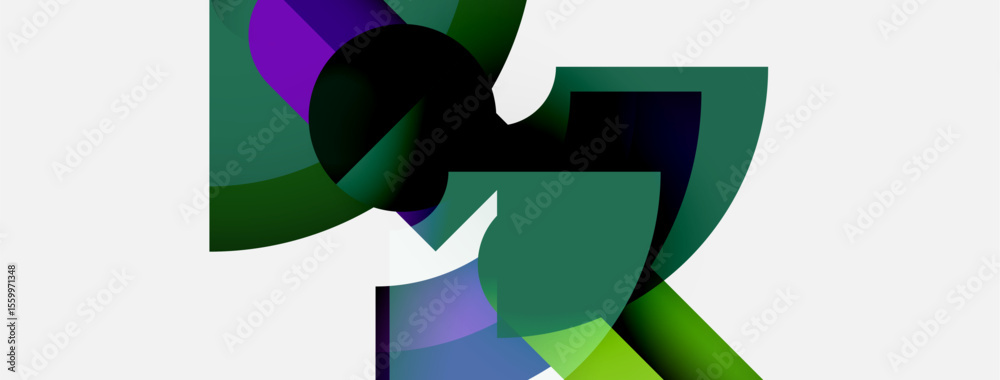 Aufkleber Abstract shapes overlap, creating dynamic composition. Greens, purples dominate white background. Modern design elements present.