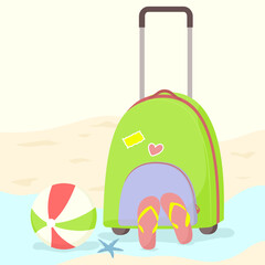 Hello summer happy holiday time, luggage, ball, and sandals background vector design.