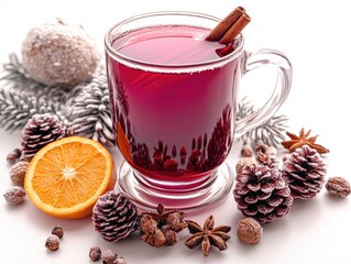 Festive winter drink with Christmas decorations