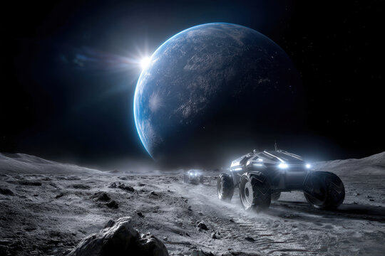 Exploring the lunar surface with futuristic vehicles under an earthrise
