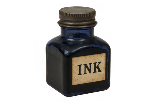 Small vintage ink bottle with metal cap on transparent background